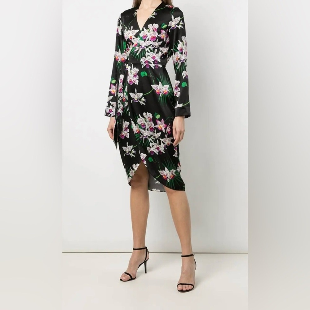 Fleur‎ du Mal Orchid Floral Silk Wrap Dress Black Purple Long Sleeve Small - Picture 10 of 11